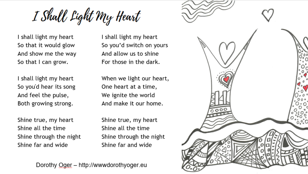 The poem "I shall Light My Heart" (reproduced in the text) with a drawing that shows a human like figure with a heart instead of head, arms raised to embrace the sky.